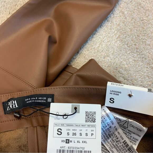 ZARA camel brown faux leather vegan hi-rise leggings Sz S NWT - Picture 7 of 13
